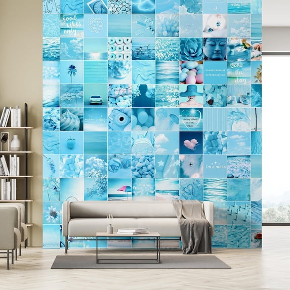 Idea4wall 2pcs Soothing Blue Calm Tones Fashion Style Wall Murals, Not Peel and Stick, Non-Woven Wallpaper Large Wall Decoration for Rooms, 48"x132"