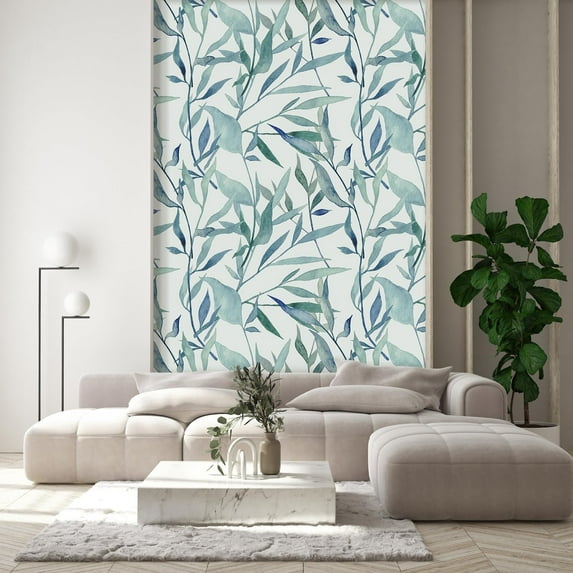 Idea4wall 2pcs Tropical Leaves Fresh Botanical Green and Blue Tones Wall Murals, Not Peel and Stick, Non-Woven Wallpaper Large Wall Decoration for Rooms, 48"x96"