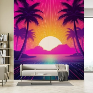 Idea4wall 2pcs Tropical Sunset Radiant with Palm Silhouette Landscape Wall Murals, Removable Self-Adhesive Stick Wallpaper Large Wall Stickers for Home Decorative, 48"x108"