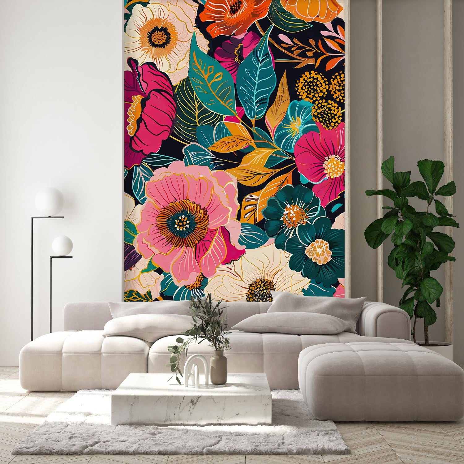 Idea4wall 2pcs Vibrant Floral Explosion Bold and Colorful Forest Flower Wall Murals, Not Peel and Stick, Non-Woven Wallpaper Large Wall Decoration for Rooms, 48"x132"