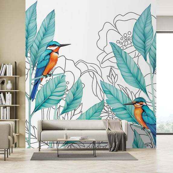 Idea4wall 2pcs Vibrant Kingfisher and Foliage Colorful Bird and Tropical Leaves Wall Murals, Not Peel and Stick, Non-Woven Wallpaper Large Wall Decoration for Rooms, 48"x72"
