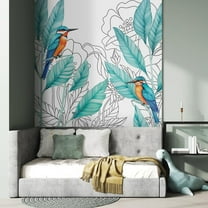 Idea4wall 2pcs Vibrant Kingfisher and Foliage Colorful Bird and Tropical Leaves Wall Murals, Removable Self-Adhesive Stick Wallpaper Large Wall Stickers for Home Decorative, 48"x108"