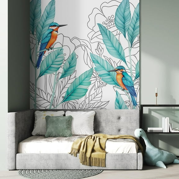 Idea4wall 2pcs Vibrant Kingfisher and Foliage Colorful Bird and Tropical Leaves Wall Murals, Removable Self-Adhesive Stick Wallpaper Large Wall Stickers for Home Decorative, 48"x108"