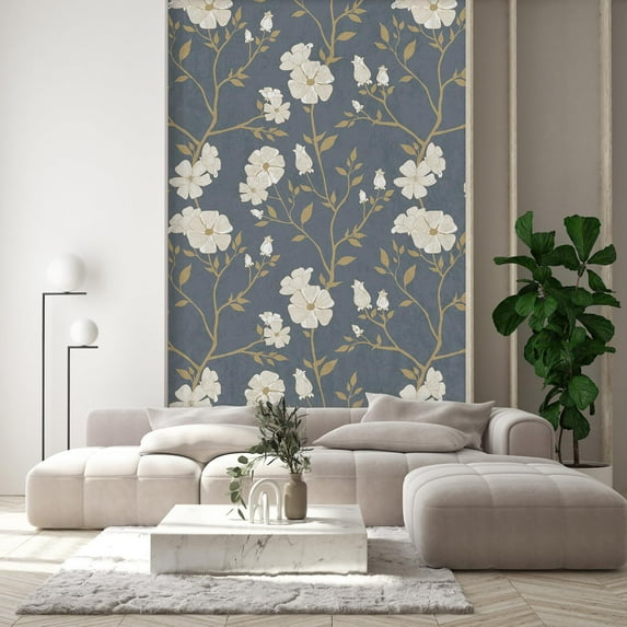Idea4wall 2pcs Vintage Floral Classic Flower and Branch Deep Blue and Beige Tones Wall Murals, Removable Self-Adhesive Stick Wallpaper Large Wall Stickers for Home Decorative, 48"x132"
