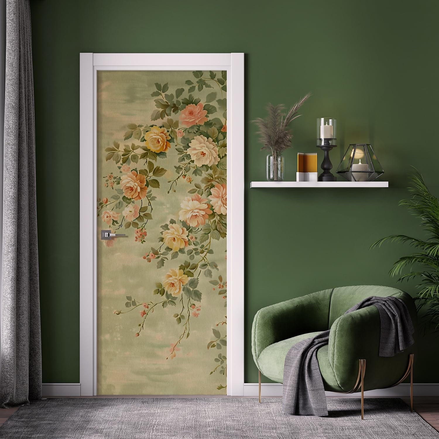 Idea4wall 2pcs Vintage Floral Elegant Blooming Roses Watercolor Wall Murals, Removable Self-Adhesive Stick Wallpaper Large Wall Stickers for Home Decorative, 48"x132"