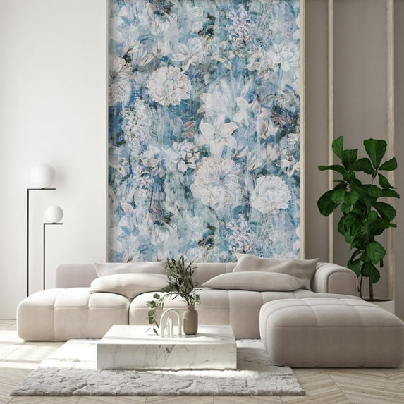 Idea4wall 2pcs Watercolor White Floral Abstract Artistic Flower Field Wall Murals, Not Peel and Stick, Non-Woven Wallpaper Large Wall Decoration for Rooms, 48"x132"