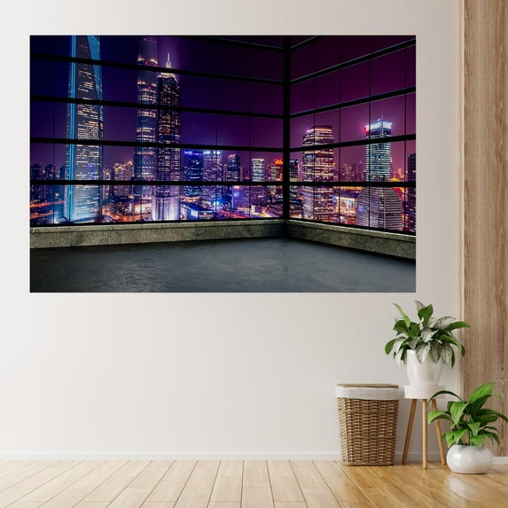 Idea4wall 3pcs 3D Cityscape Light Night Scene Stick Wallpaper Removable Wall Murals Large Wall Stickers for Home Decoration, 48"x72"