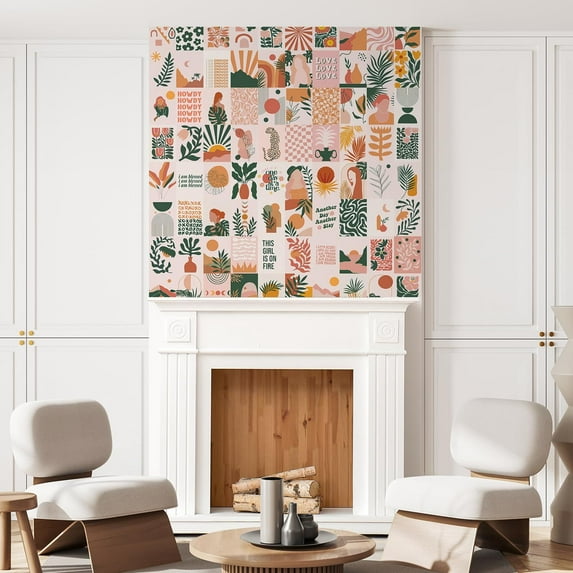 Idea4wall 3pcs Abstract Trapical Botanical Plant and Stylish Women Orange Tone Wall Murals, Removable Self-Adhesive Stick Wallpaper Large Wall Stickers for Home Decorative, 72"x72"