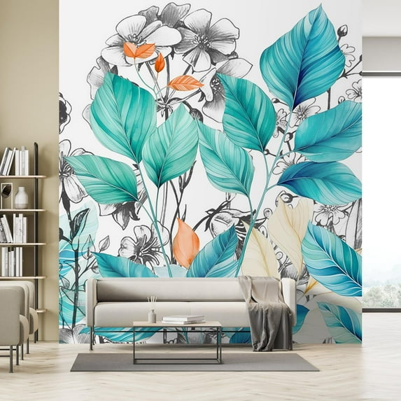 Idea4wall 3pcs Elegant Botanical Sketch Soft Teal Leaves Wall Murals, Not Peel and Stick, Non-Woven Wallpaper Large Wall Decoration for Rooms, 72"x108"