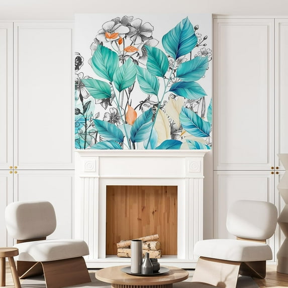 Idea4wall 3pcs Elegant Botanical Sketch Soft Teal Leaves Wall Murals, Removable Self-Adhesive Stick Wallpaper Large Wall Stickers for Home Decorative, 72"x72"