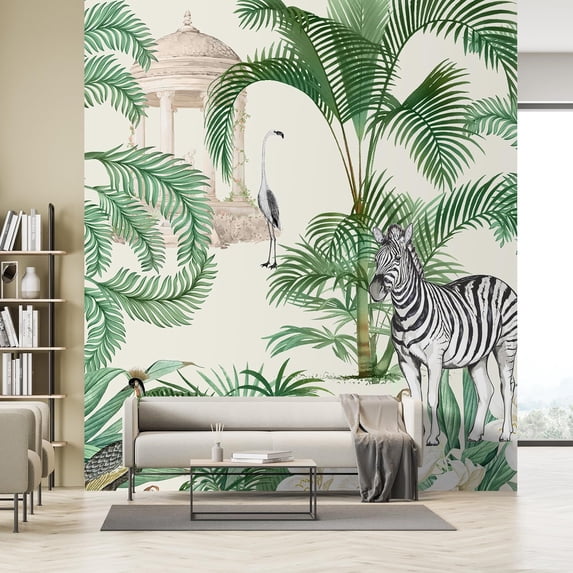 Idea4wall 3pcs Exotic Jungle Tropical Palms and Wildlife Wall Murals, Removable Self-Adhesive Stick Wallpaper Large Wall Stickers for Home Decorative, 72"x120"