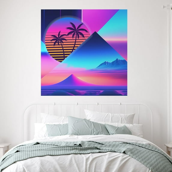 Idea4wall 3pcs Geometric Sunset Beach Modern Pink and Blue Tone Stylish Wall Murals, Not Peel and Stick, Non-Woven Wallpaper Large Wall Decoration for Rooms, 72"x72"