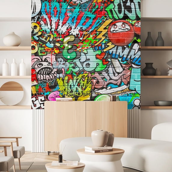 Idea4wall 3pcs Mural Vibrant Neon Spray Paint Typography Graffiti & Street Art Pop Stick Wallpaper Removable Wall Murals Large Wall Stickers for Home Decoration, 72"x72"