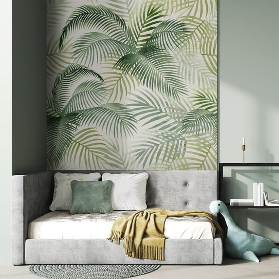 Idea4wall 3pcs Soft Palm Leaves Gentle Green Botanical Wall Murals, Not Peel and Stick, Non-Woven Wallpaper Large Wall Decoration for Rooms, 72"x108"