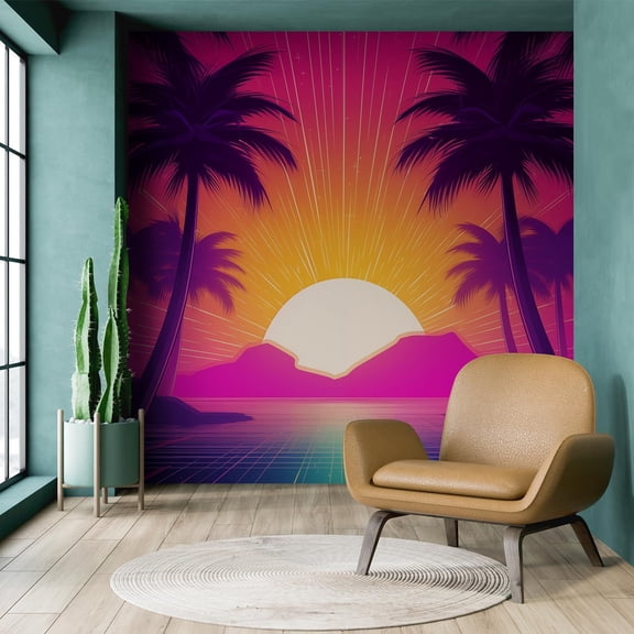 Idea4wall 3pcs Tropical Sunset Radiant with Palm Silhouette Landscape Wall Murals, Not Peel and Stick, Non-Woven Wallpaper Large Wall Decoration for Rooms, 72"x132"