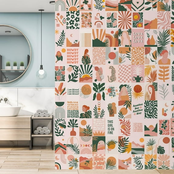 Idea4wall 4pcs Abstract Trapical Botanical Plant and Stylish Women Orange Tone Wall Murals, Removable Self-Adhesive Stick Wallpaper Large Wall Stickers for Home Decorative, 96"x120"