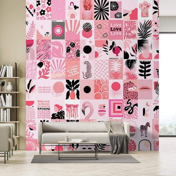 Idea4wall 4pcs Bold Pink Empowering and Trapical Stylish Graphic Wall Murals, Not Peel and Stick, Non-Woven Wallpaper Large Wall Decoration for Rooms, 96"x132"