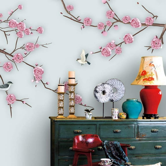 Idea4wall 4pcs Chinese Style Floral Peel and Stick Wallpaper Removable Wall Murals Large Wall Stickers for Home Decoration, 66"x24"