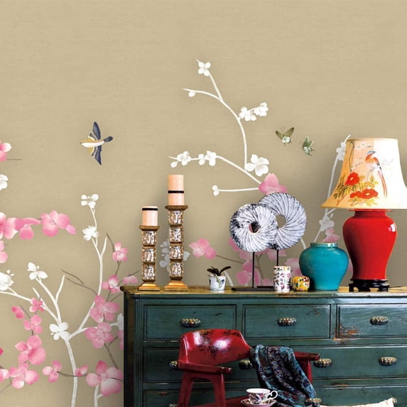 Idea4wall 4pcs Chinese Style Floral Peel and Stick Wallpaper Removable Wall Murals Large Wall Stickers for Home Decoration, 66"x24"