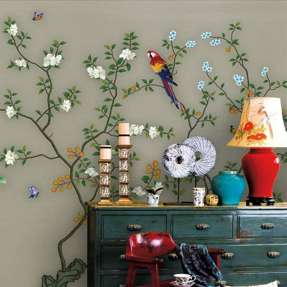 Idea4wall 4pcs Chinese Style Floral Peel and Stick Wallpaper Removable Wall Murals Large Wall Stickers for Home Decoration, 66"x24"