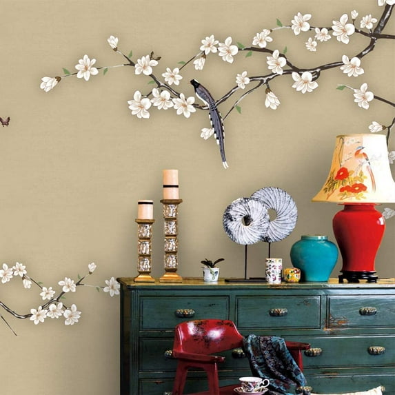 Idea4wall 4pcs Chinese Style Floral Peel and Stick Wallpaper Removable Wall Murals Large Wall Stickers for Home Decoration, 66"x24"