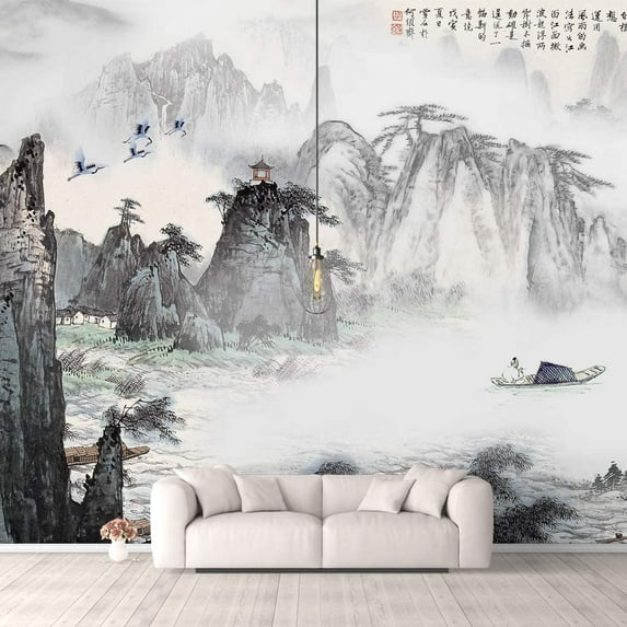 Idea4wall 4pcs Chinese Style Landscape Peel and Stick Wallpaper Removable Wall Murals Large Wall Stickers for Home Decoration, 66"x24"