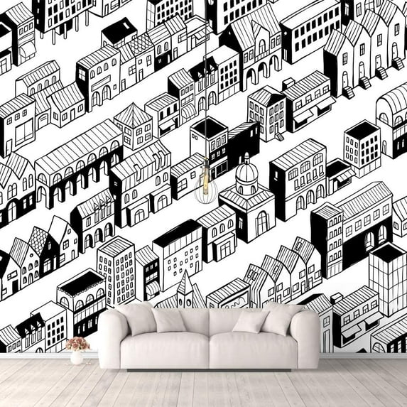 Idea4wall 4pcs City Illustration Peel and Stick Wallpaper Removable Wall Murals Large Wall Stickers for Home Decoration, 66"x24"