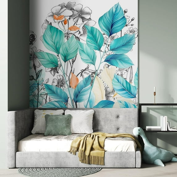 Idea4wall 4pcs Elegant Botanical Sketch Soft Teal Leaves Wall Murals, Removable Self-Adhesive Stick Wallpaper Large Wall Stickers for Home Decorative, 96"x108"