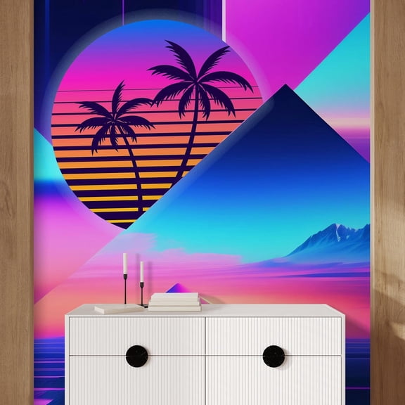 Idea4wall 4pcs Geometric Sunset Beach Modern Pink and Blue Tone Stylish Wall Murals, Removable Self-Adhesive Stick Wallpaper Large Wall Stickers for Home Decorative, 96"x108"