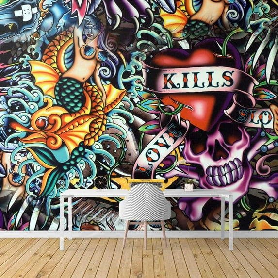 Idea4wall 4pcs Mermaid & Captain Skeleton Colorful Stick Wallpaper Removable Wall Murals Large Wall Stickers for Home Decoration, 66"x96"