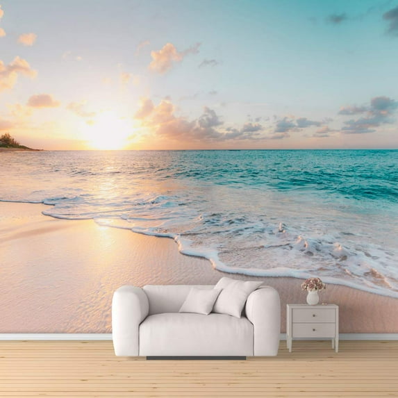 Idea4wall 4pcs Mural Romantic Beach Sea Wave Stick Wallpaper Removable Wall Murals Large Wall Stickers for Home Decoration, 66"x96"
