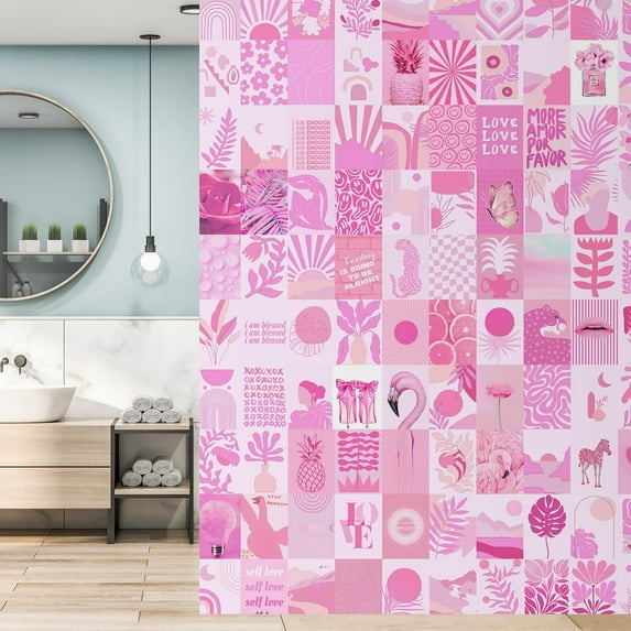Idea4wall 4pcs Playful Pink Pop Culture Dynamic Collage of Modern Wall Murals, Not Peel and Stick, Non-Woven Wallpaper Large Wall Decoration for Rooms, 96"x120"