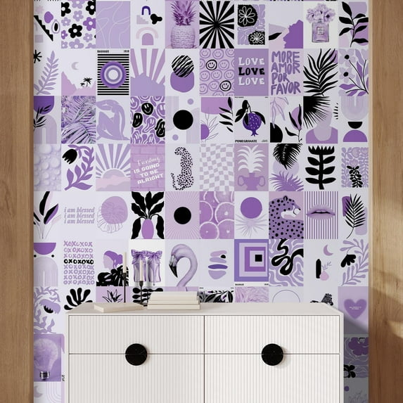 Idea4wall 4pcs Purple Graphic Blend of Modern Animals & Trapical Pattern Wall Murals, Not Peel and Stick, Non-Woven Wallpaper Large Wall Decoration for Rooms, 96"x108"