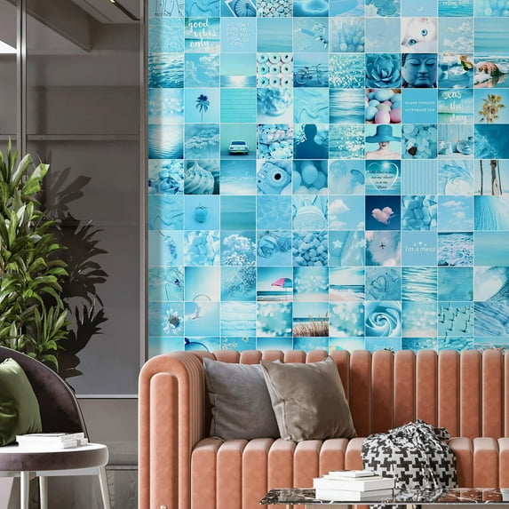 Idea4wall 4pcs Soothing Blue Calm Tones Fashion Style Wall Murals, Removable Self-Adhesive Stick Wallpaper Large Wall Stickers for Home Decorative, 96"x96"