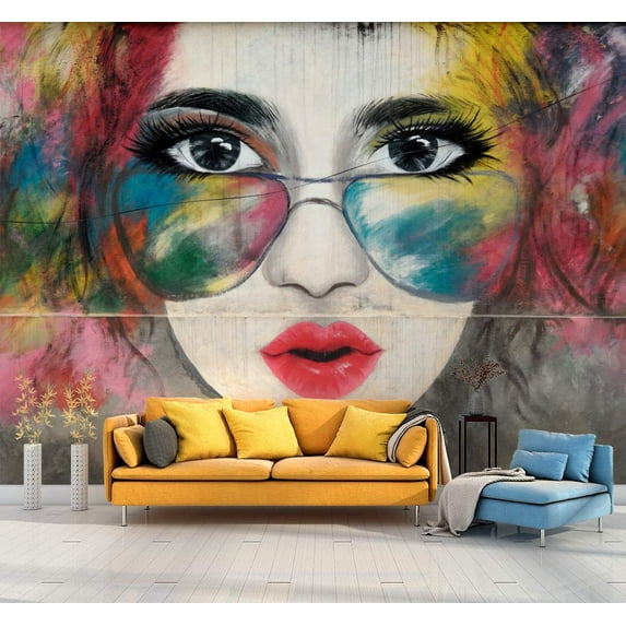 Idea4wall 4pcs Street Art Colorful Graffiti Hip Hop Girl Stick Wallpaper Removable Wall Murals Large Wall Stickers for Home Decoration, 66"x96"