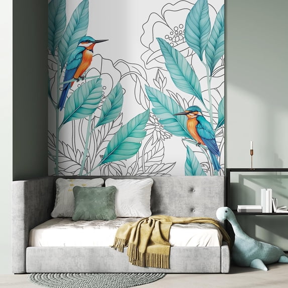Idea4wall 4pcs Vibrant Kingfisher and Foliage Colorful Bird and Tropical Leaves Wall Murals, Removable Self-Adhesive Stick Wallpaper Large Wall Stickers for Home Decorative, 96"x108"
