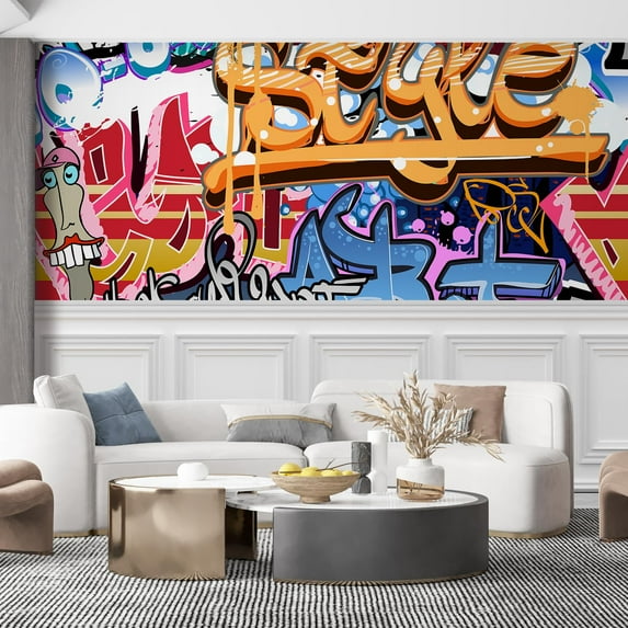 Idea4wall 4pcs Watercolor Street Graffiti Printed Stick Wallpaper Removable Wall Murals Large Wall Stickers for Home Decoration, 48"x96"