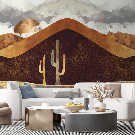 Idea4wall 5pcs Nordic Style Golden Mountain Stick Wallpaper Removable Wall Murals Large Wall Stickers for Home Decoration, 96"x120"