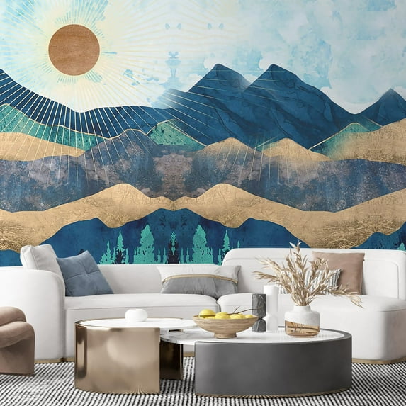 Idea4wall 5pcs Nordic Style Mountain & Sunshine Stick Wallpaper Removable Wall Murals Large Wall Stickers for Home Decoration, 132"x120"