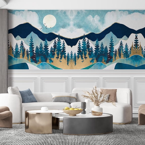 Idea4wall 5pcs Nordic Style Snowy Mountain & Pine Trees Stick Wallpaper Removable Wall Murals Large Wall Stickers for Home Decoration, 48"x120"