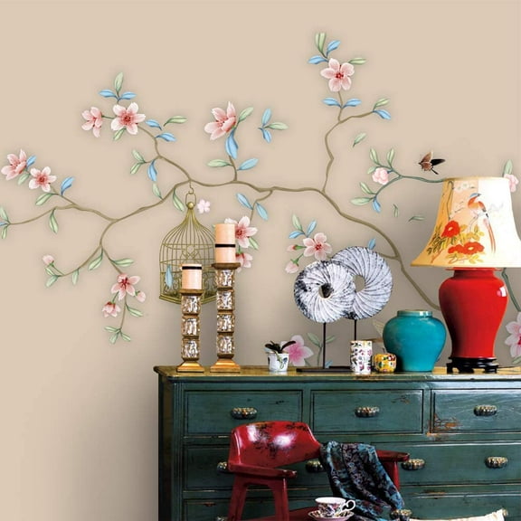 Idea4wall 6pcs Chinese Style Floral Peel and Stick Wallpaper Removable Wall Murals Large Wall Stickers for Home Decoration, 100"x24"