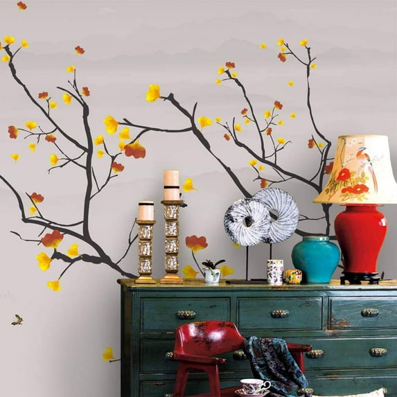 Idea4wall 6pcs Chinese Style Floral Peel and Stick Wallpaper Removable Wall Murals Large Wall Stickers for Home Decoration, 100"x24"