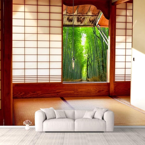 Idea4wall 6pcs Japanese Style Grid Door View Peel and Stick Wallpaper Removable Wall Murals Large Wall Stickers for Home Decoration, 100"x24"