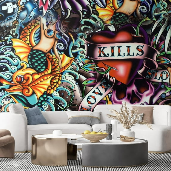 Idea4wall 6pcs Mermaid & Captain Skeleton Colorful Stick Wallpaper Removable Wall Murals Large Wall Stickers for Home Decoration, 96"x144"