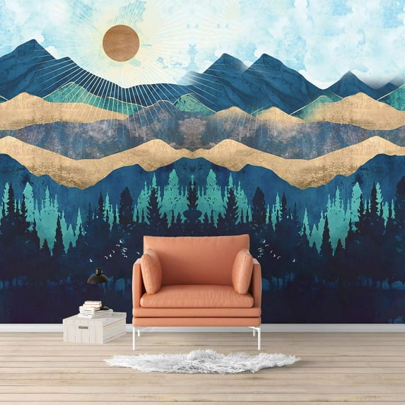 Idea4wall 6pcs Nordic Style Mountain & Sunshine Stick Wallpaper Removable Wall Murals Large Wall Stickers for Home Decoration, 100"x144"