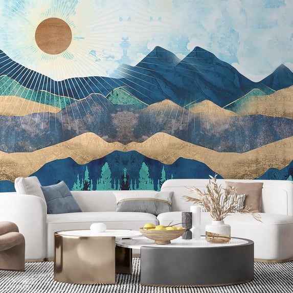 Idea4wall 6pcs Nordic Style Mountain & Sunshine Stick Wallpaper Removable Wall Murals Large Wall Stickers for Home Decoration, 108"x144"