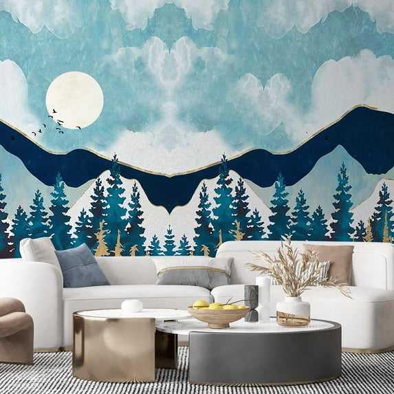 Idea4wall 6pcs Nordic Style Snowy Mountain & Pine Trees Stick Wallpaper Removable Wall Murals Large Wall Stickers for Home Decoration, 96"x144"