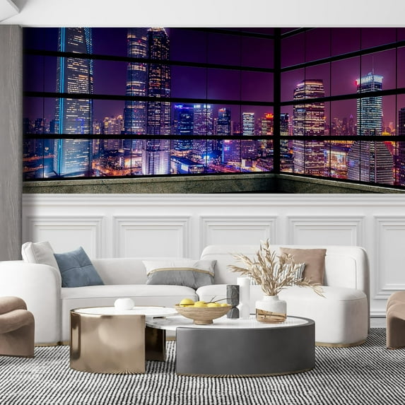 Idea4wall 7pcs 3D Cityscape Light Night Scene Stick Wallpaper Removable Wall Murals Large Wall Stickers for Home Decoration, 48"x148"