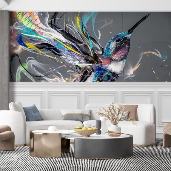 Idea4wall 7pcs Colorful Painted hummingbird Stick Wallpaper Removable Wall Murals Large Wall Stickers for Home Decoration, 48"x148"