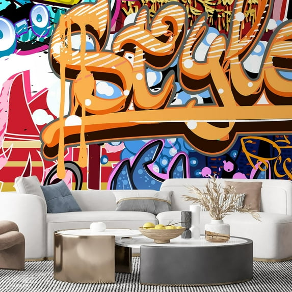 Idea4wall 7pcs Watercolor Street Graffiti Printed Stick Wallpaper Removable Wall Murals Large Wall Stickers for Home Decoration, 96"x168"